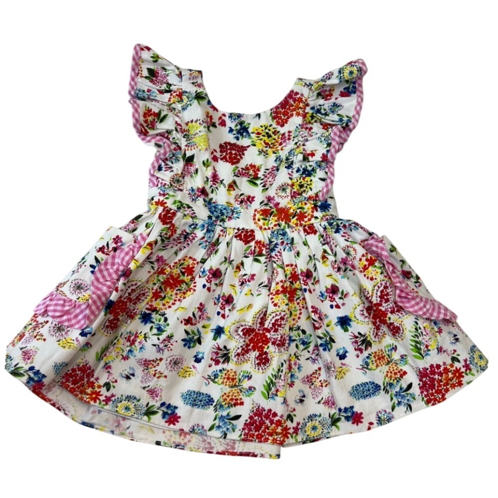 NWT Pippa & Julie Floral Dress Ruffle Sleeves Gingham Pockets White‎ Size 12M